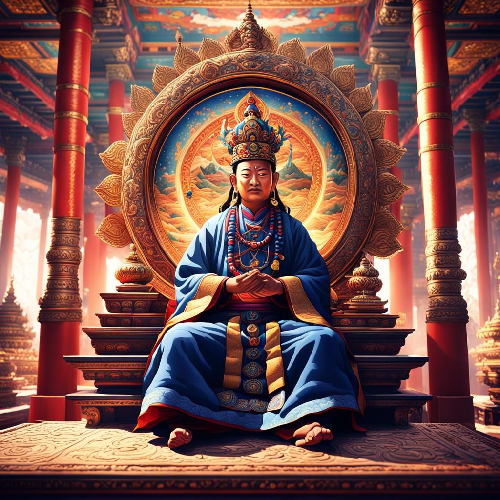 Padmasambhava, the Lotus-Born Guru, meditating in a Tibetan monastery library filled with sacred scriptures, embodying t...