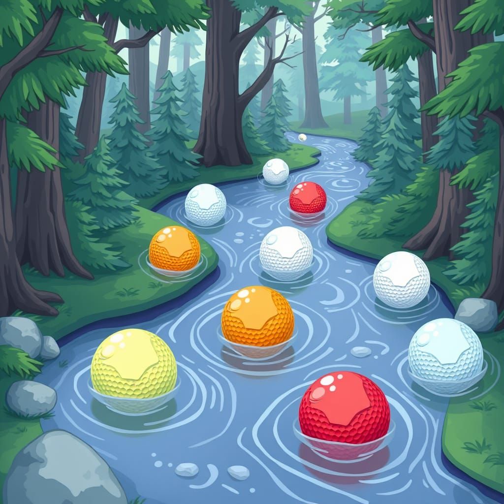Colorful Golf Balls Drift Down a Serene Forest River