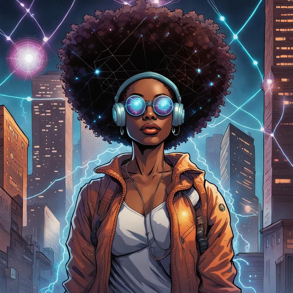 Afrofuturistic Woman in Cosmic Cityscape