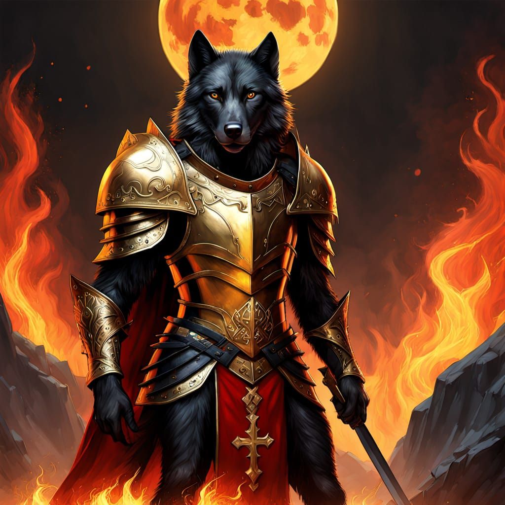 Armored Black Wolf with Fiery Sword
