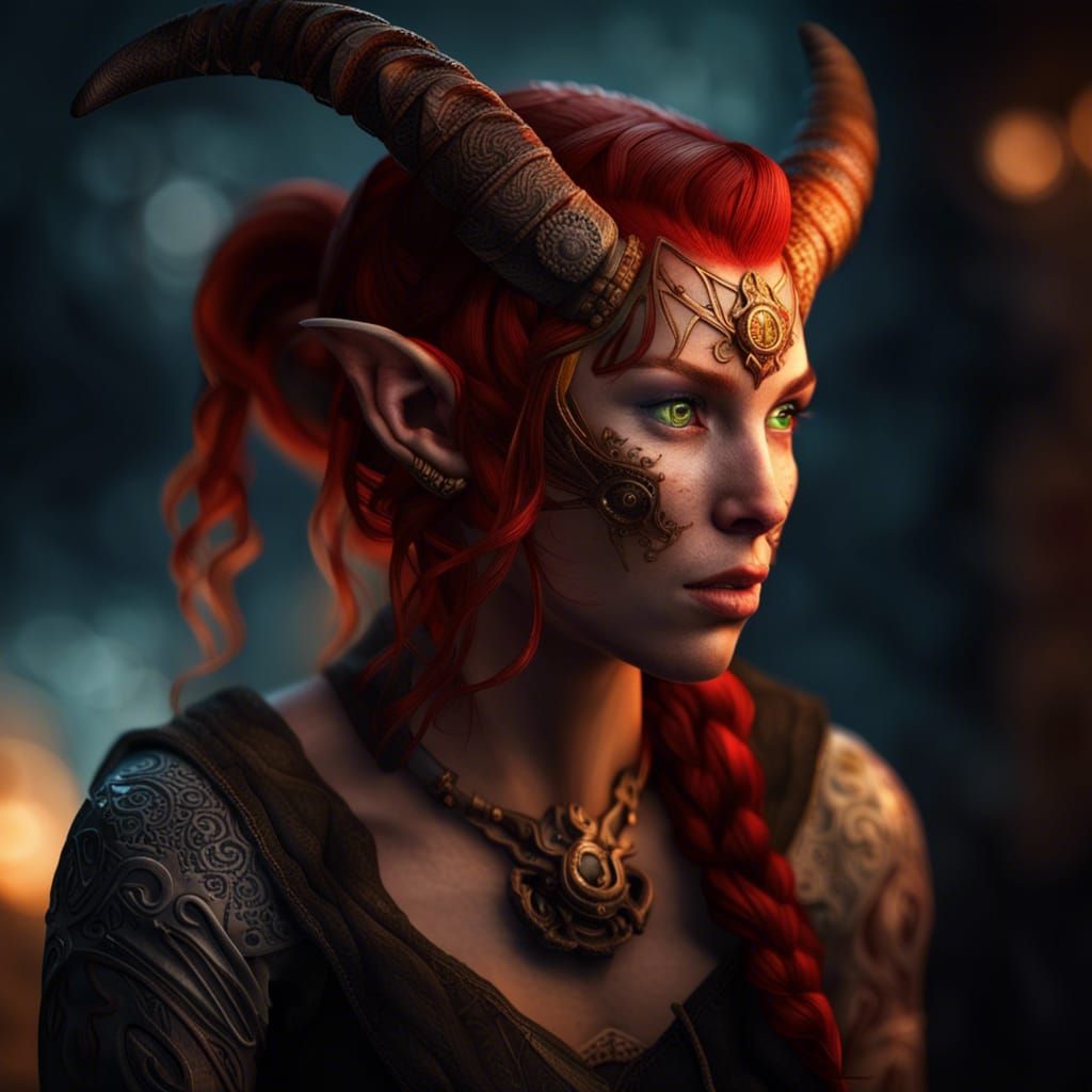 Hyperrealistic Tiefling Druid Portrait with Glowing Eyes