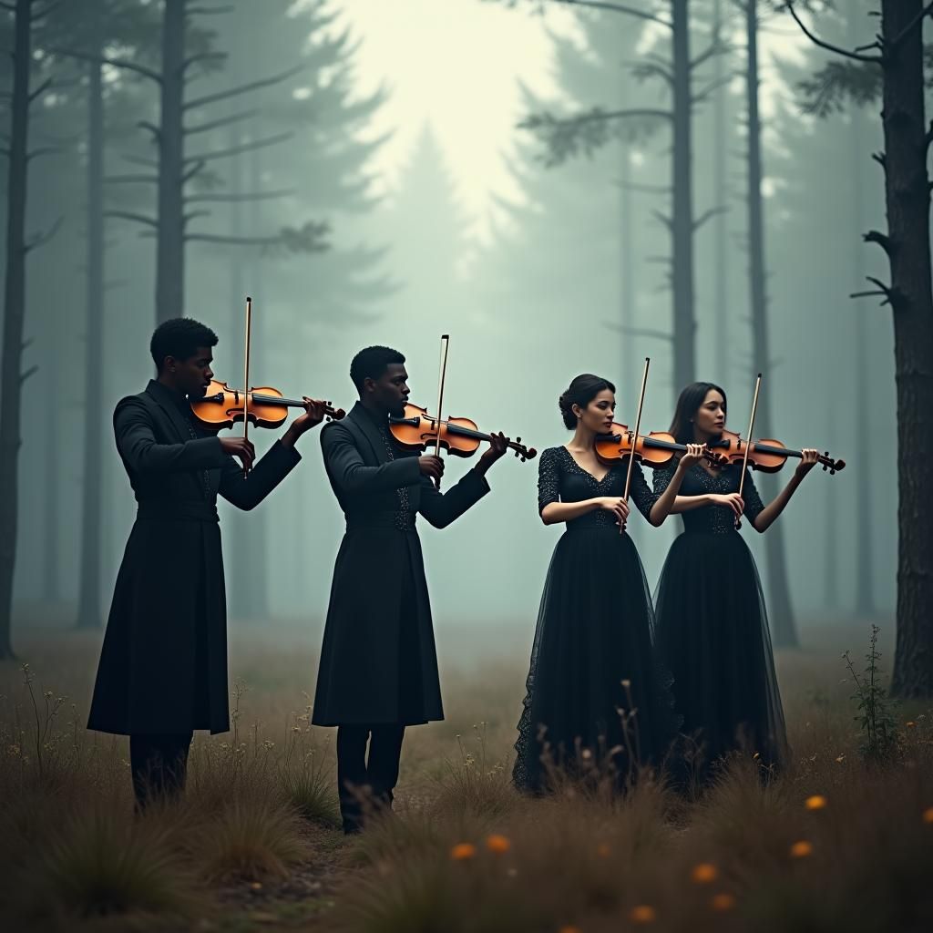 Nordic String Quartet in Misty Forest, Fantasy Realism