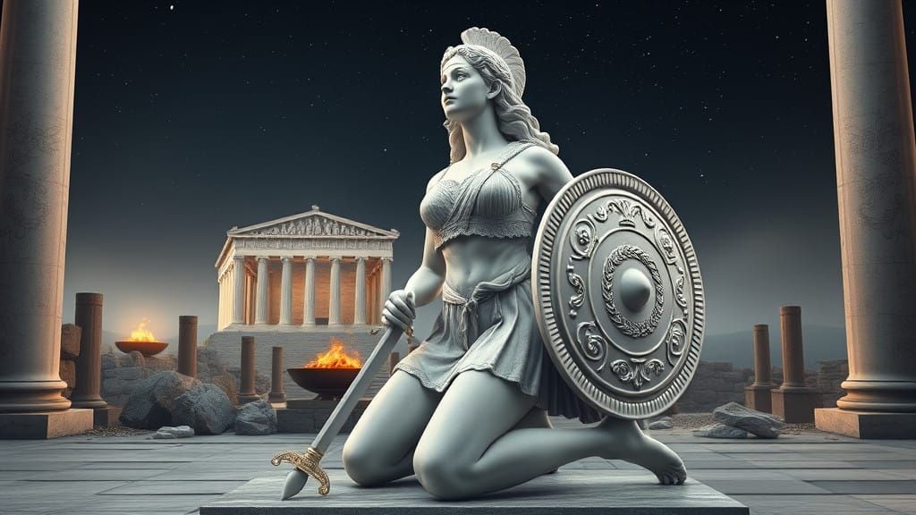 Hyperrealistic Ancient Greek Warrior Goddess in Reverent Pos...