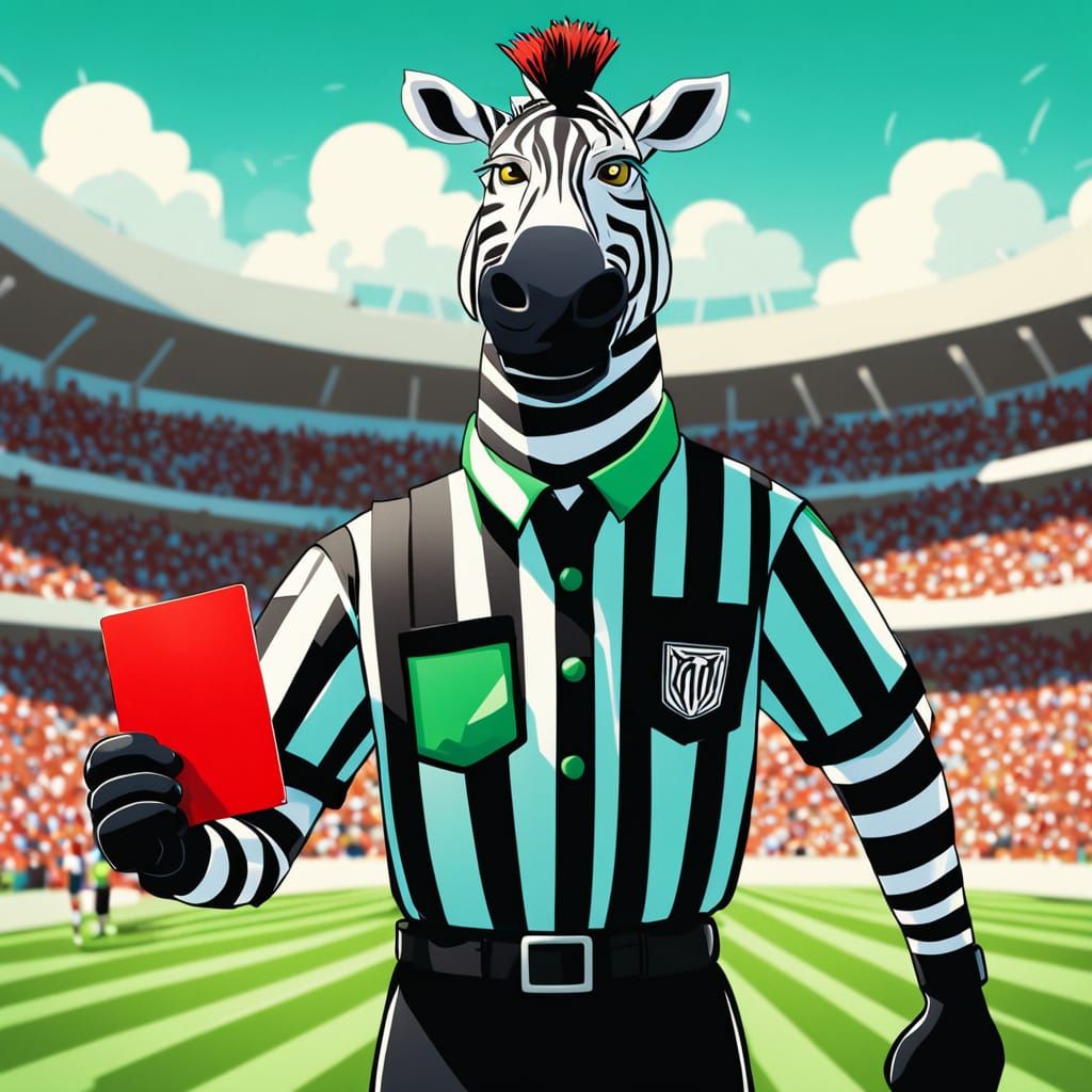 Vibrant Football Referee in a Cartoonish Green Stadium