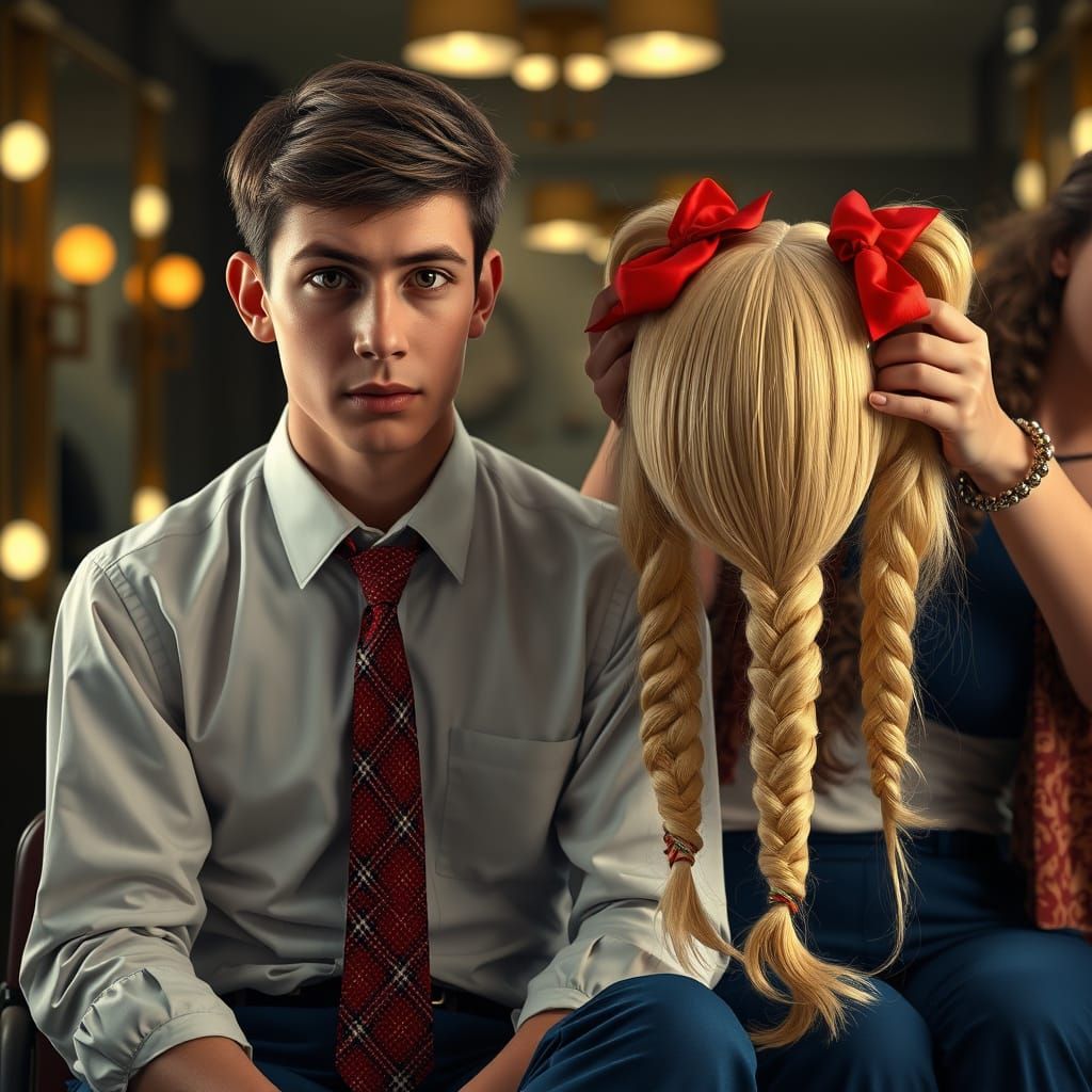 Elegant Man Surprised with Vibrant Blonde Wig in Art Nouveau...