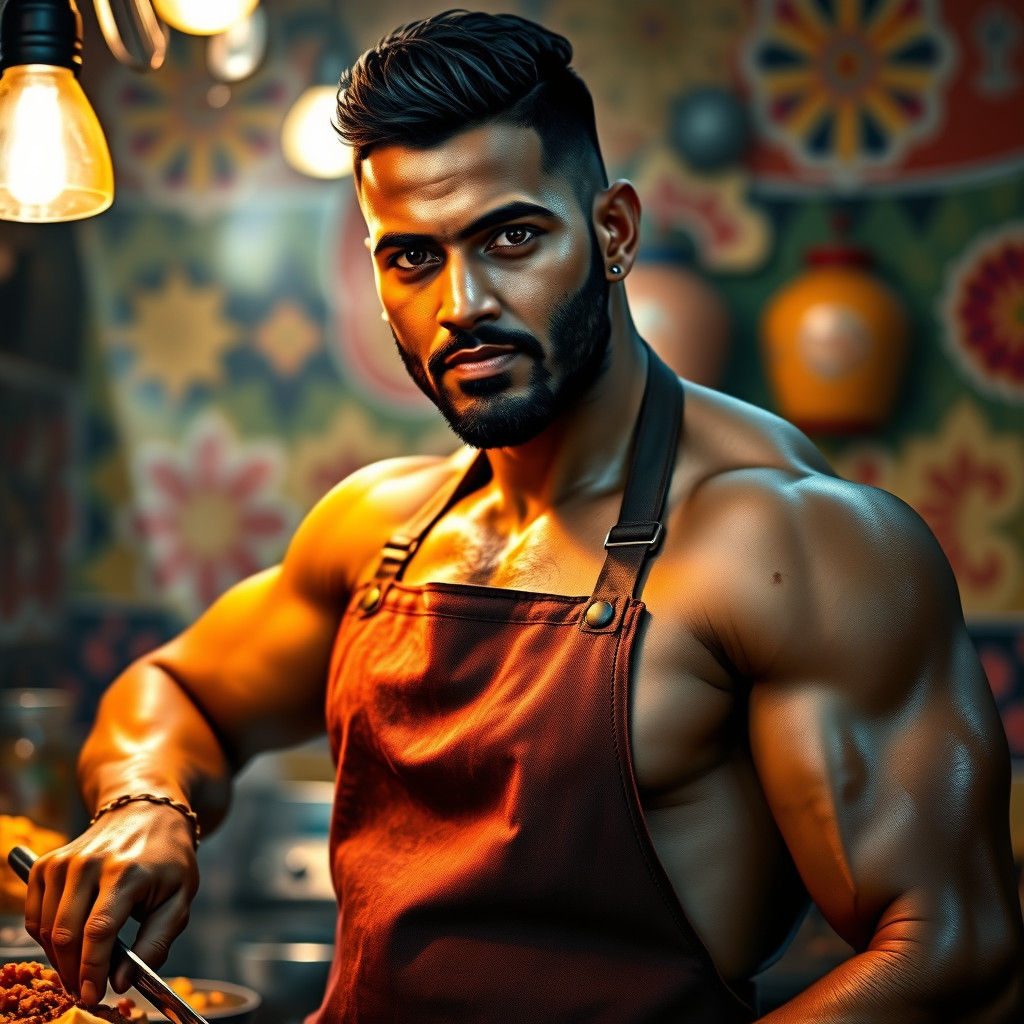 Muscular Indian Man Cooking in Vibrant Kitchen