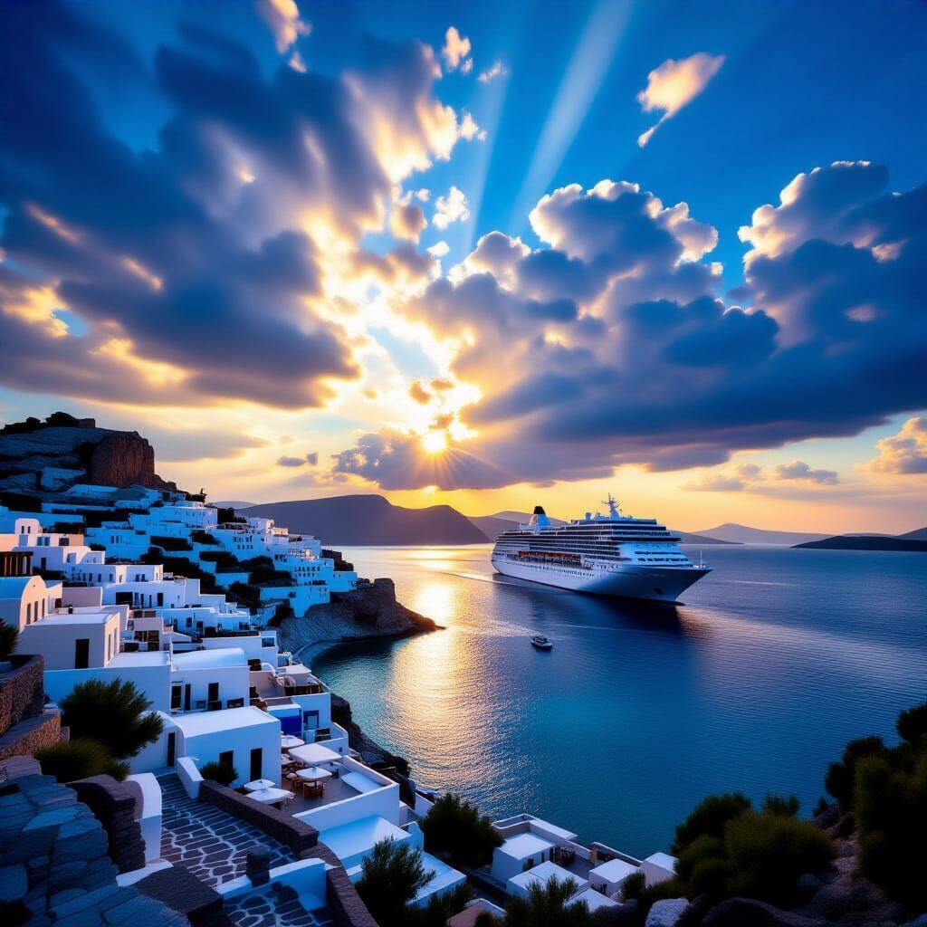 Greek Seaside Village with Cruise Ship Under Dramatic Sky