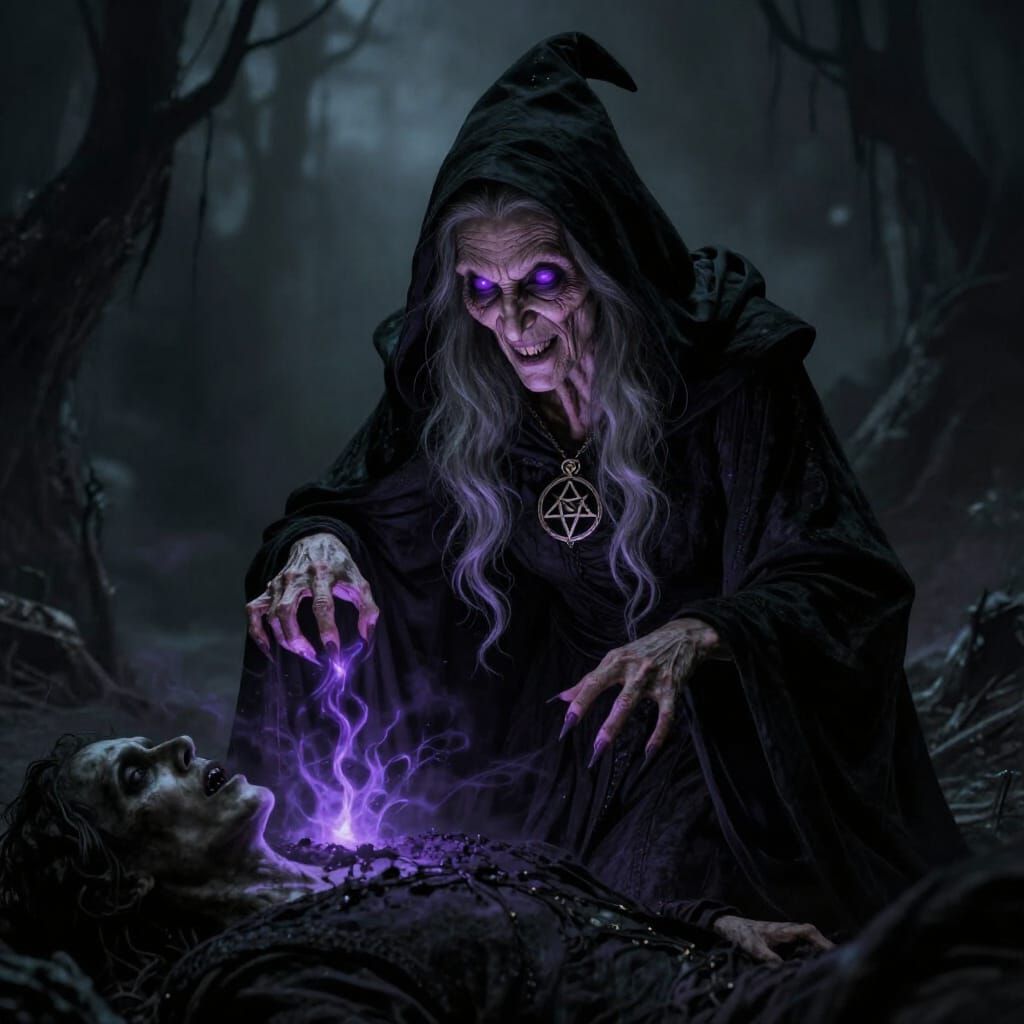 Elderly Witch Drains Energy in Ghoulish Scene