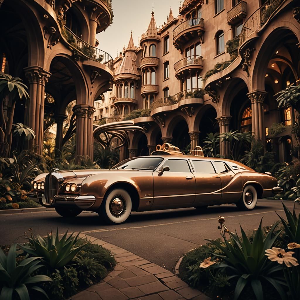 Steampunk Limousine in Gaudi Cityscape at Golden Hour