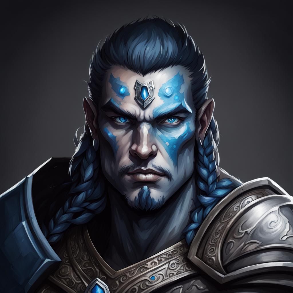 Goliath Paladin Portrait with Blue Eyes and Tattoos