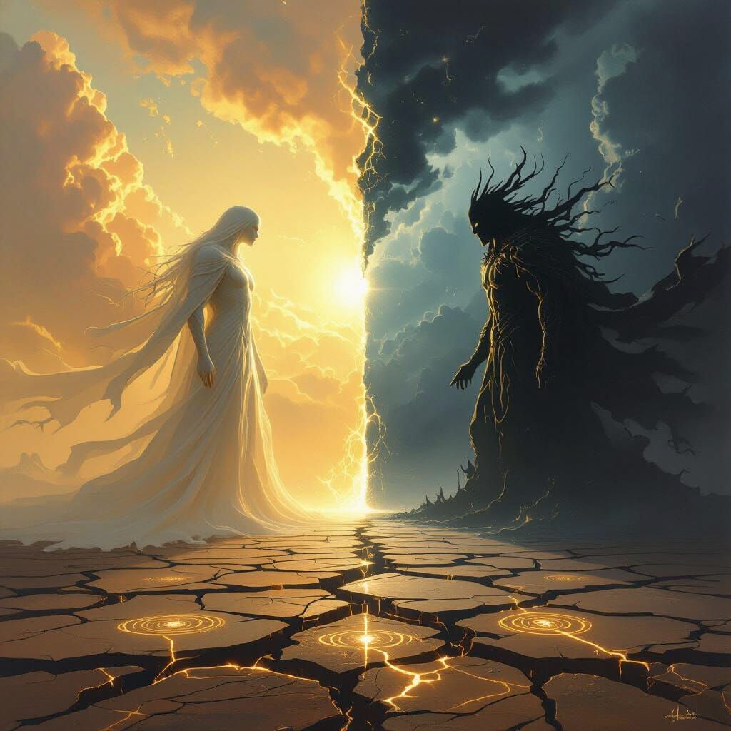 Good Vs Evil Cosmic Battle: Light and Shadow Confrontation