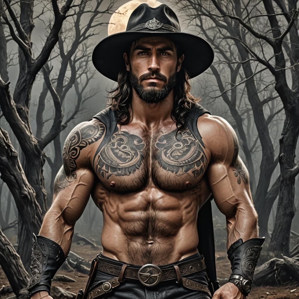 Hyperrealistic Hunter Warrior with Raven in Dark Forest