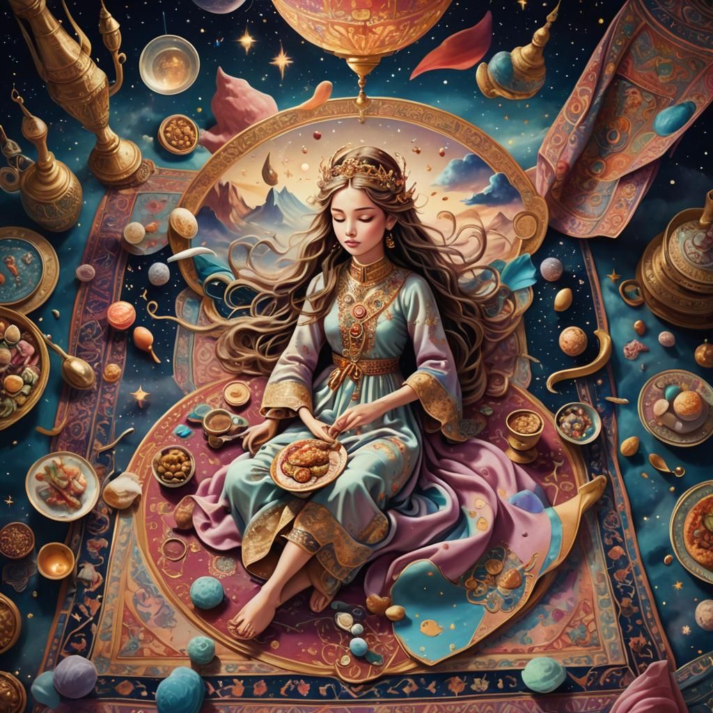 Dreamlike Flight: Beauty on Magic Carpet in Surreal Sky