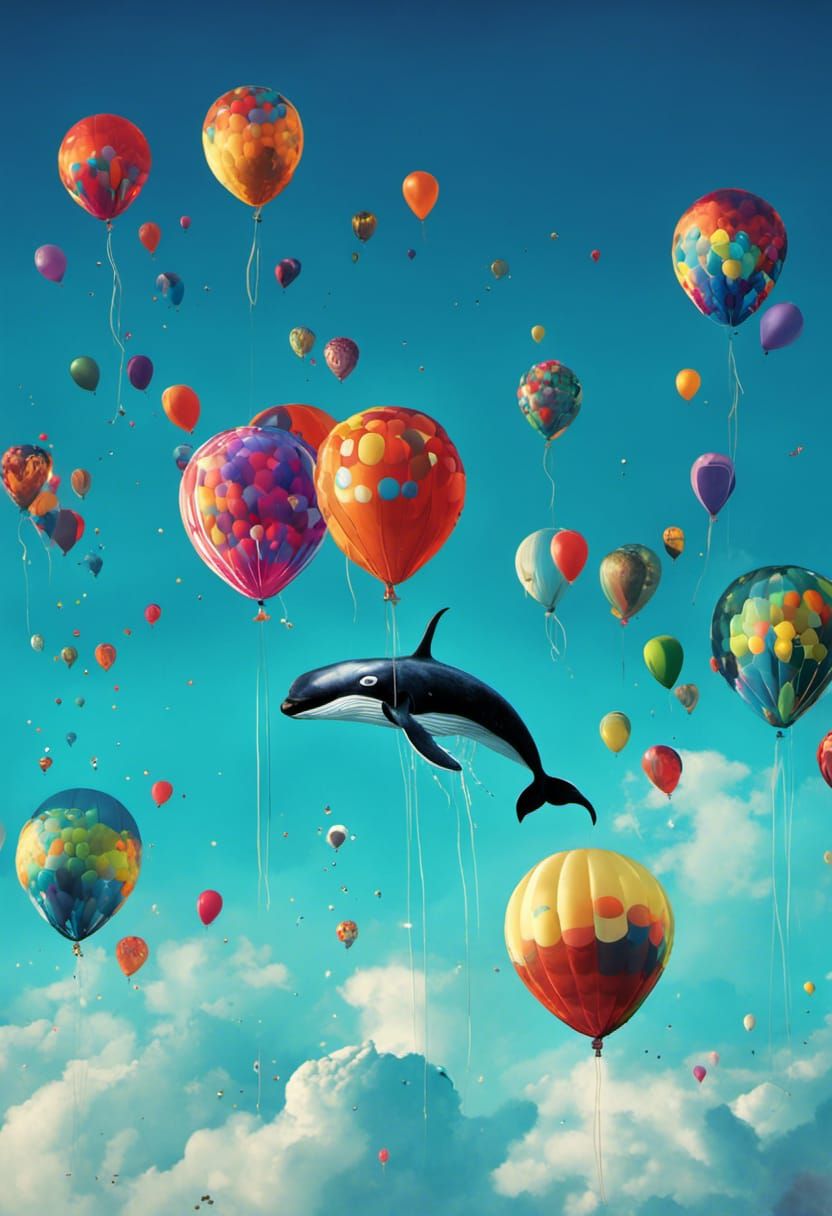 Whale Lifted by Balloons: Surreal Digital Art
