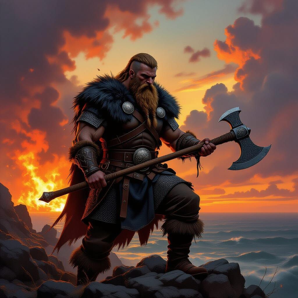 Viking Warrior on Cliff at Fiery Sunset