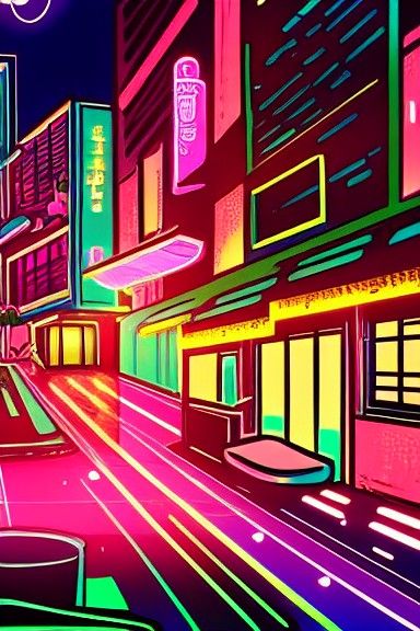 Neon Cyberpunk Cityscape with Coffee Shop