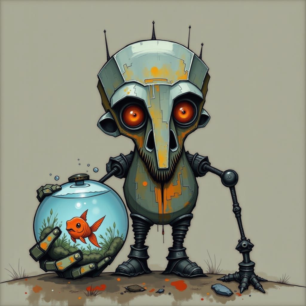 Cute Robot Holding Fishbowl Portrait