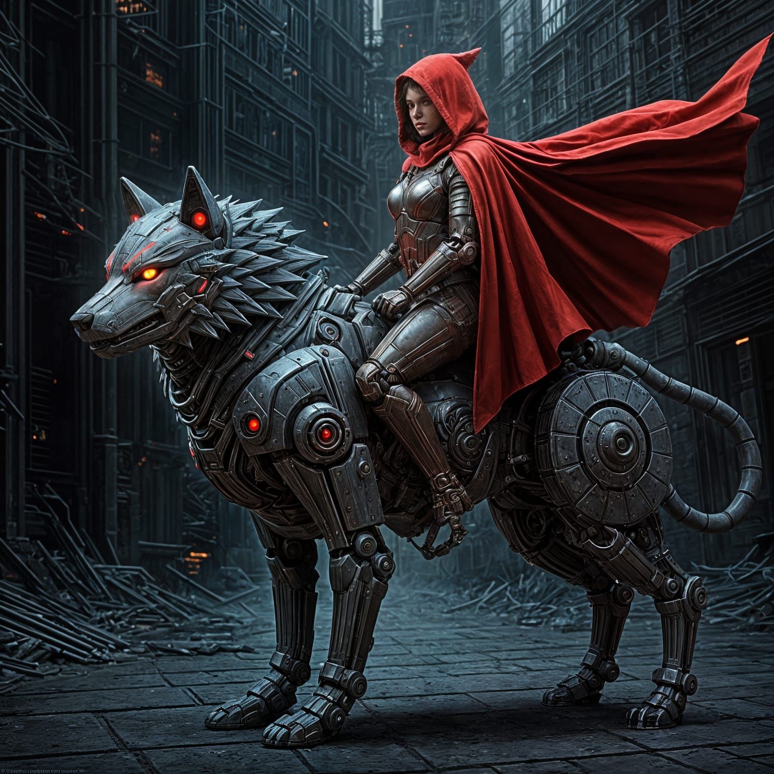 Sci-Fi Little Red Riding Hood on Robot Wolf