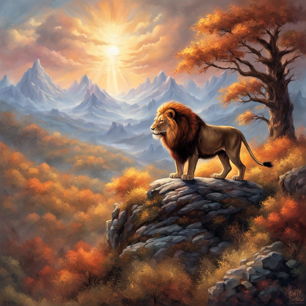 Majestic Lion with Fiery Mane on Crag Overlooking Savanna
