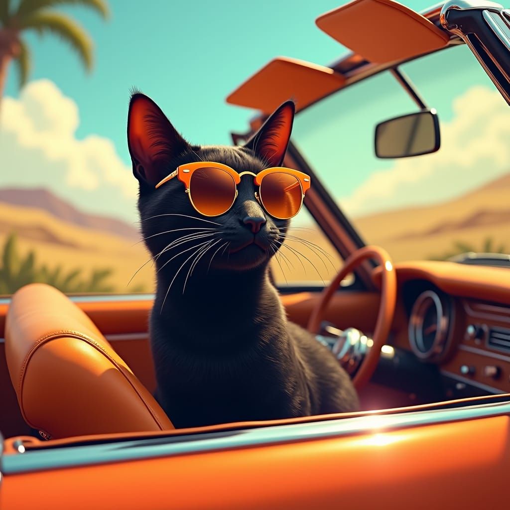 Cat in Sunglasses: A Vintage Convertible Adventure