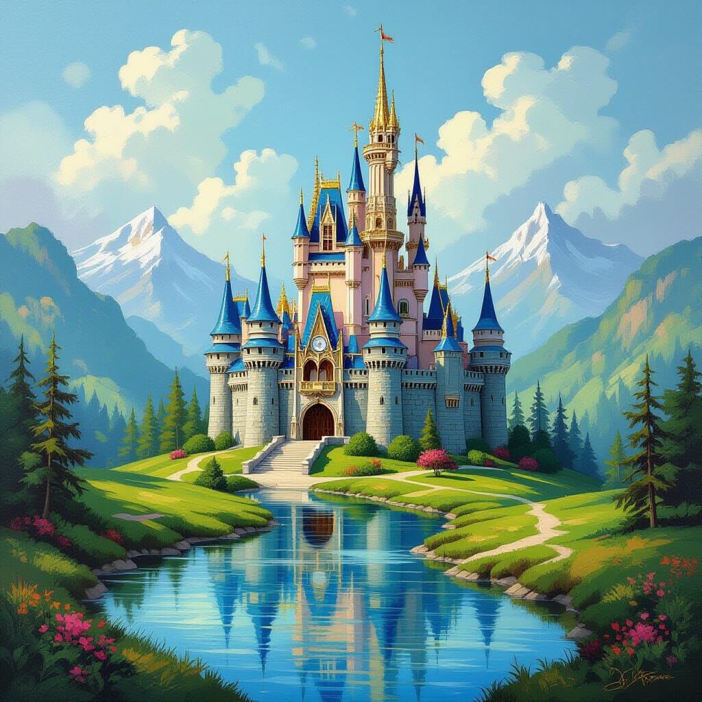 Majestic Castle in Lush Valley Oil Painting
