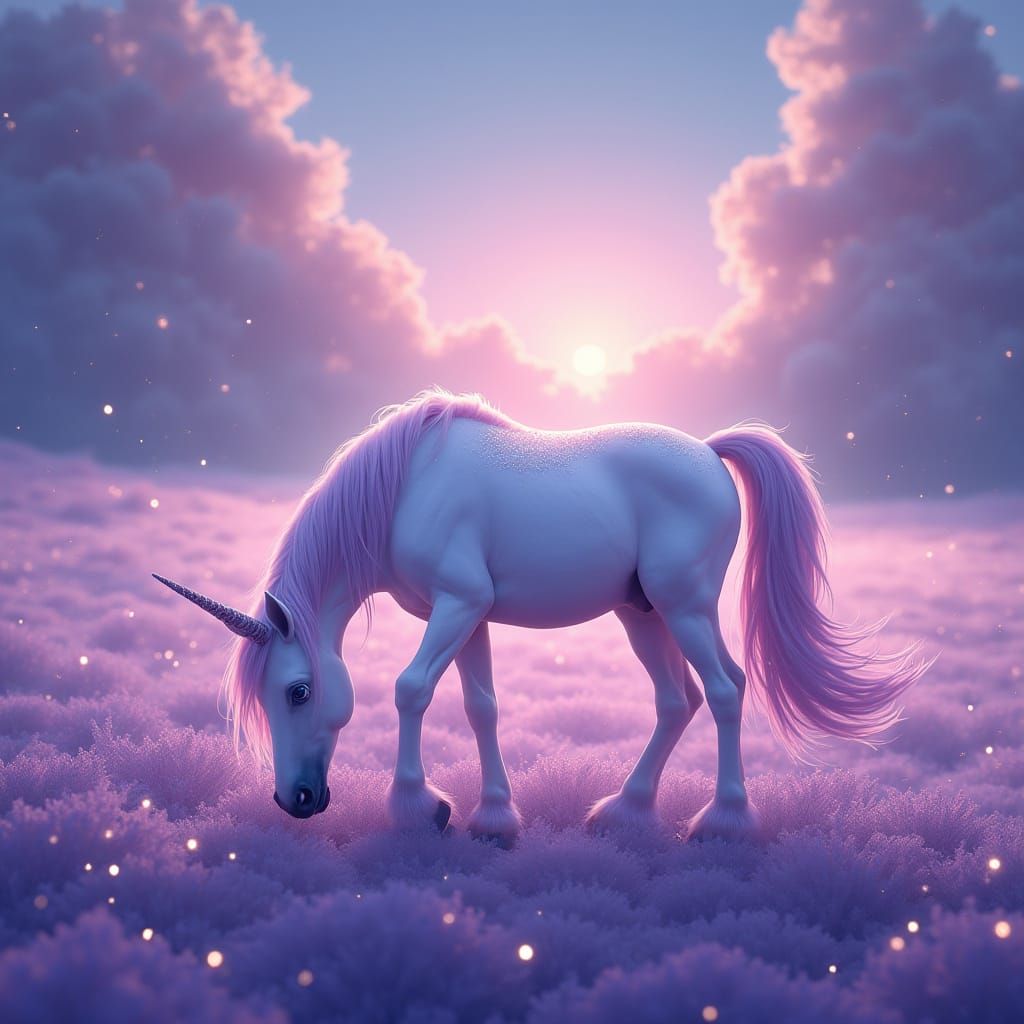 Celestial Unicorn Grazing in Lavender Field