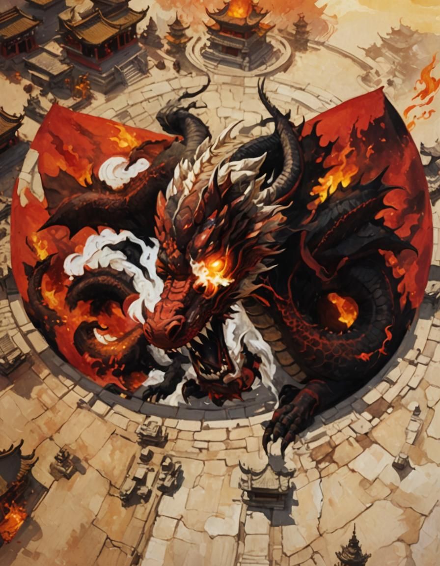 Fiery Dragon Overlooking Shaolin Temple in Oil Painting