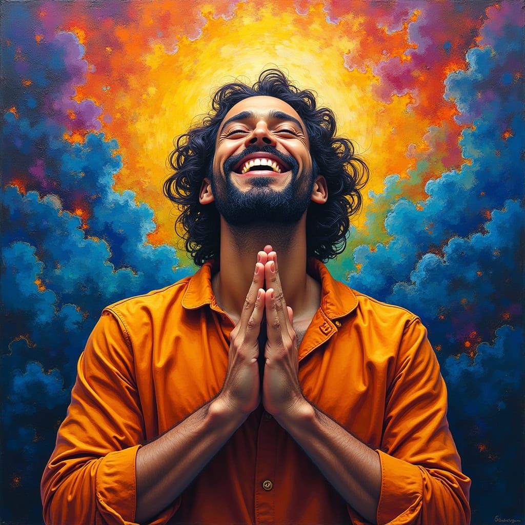 Joyful Man in Vibrant Prayerful Aura