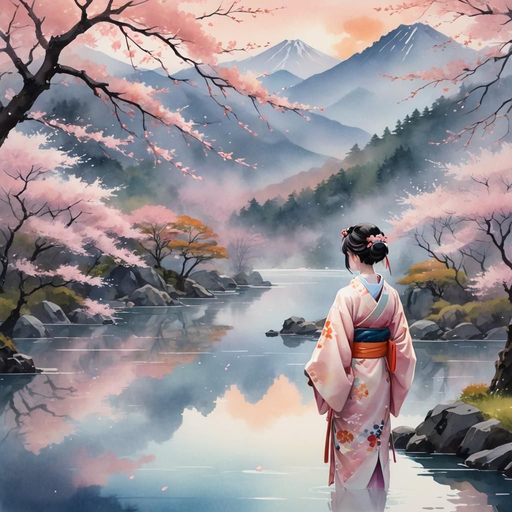 Anime Spirit at Mountain Lake with Blossoms