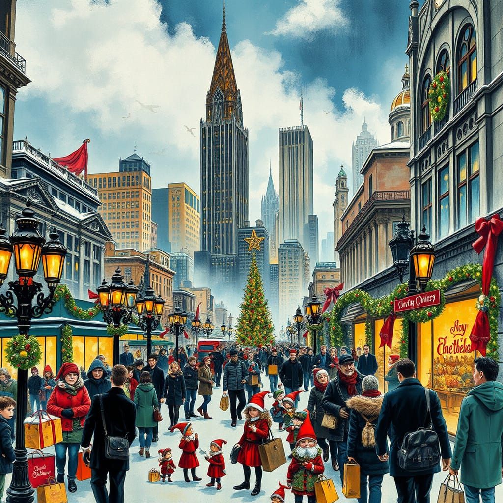 Bustling City Christmas Scene in Vibrant Art Deco Style