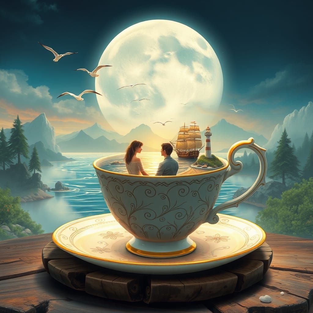 Magical Miniature Sea in Teacup with Couple at Sunset