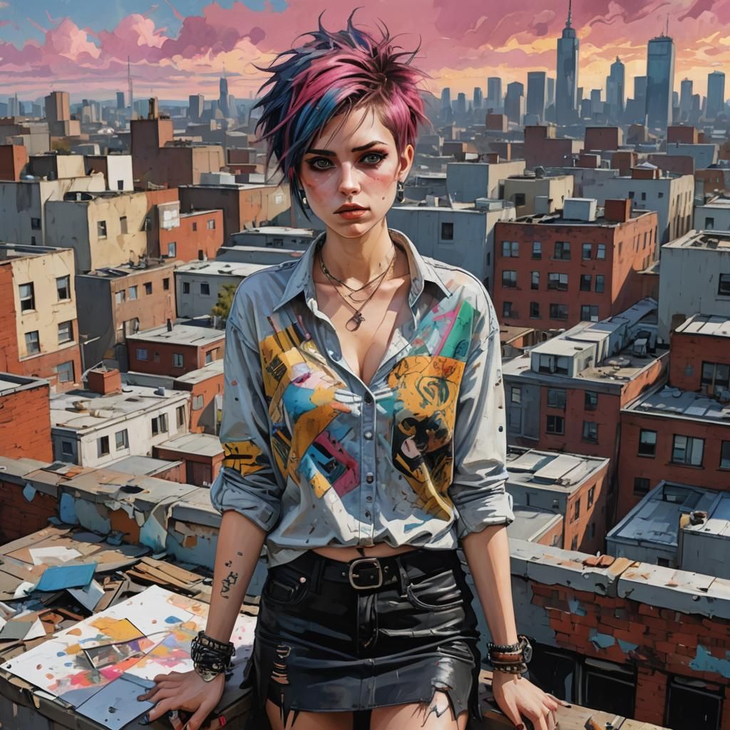 Punk Woman on Rooftop: A Vibrant Color Sketch