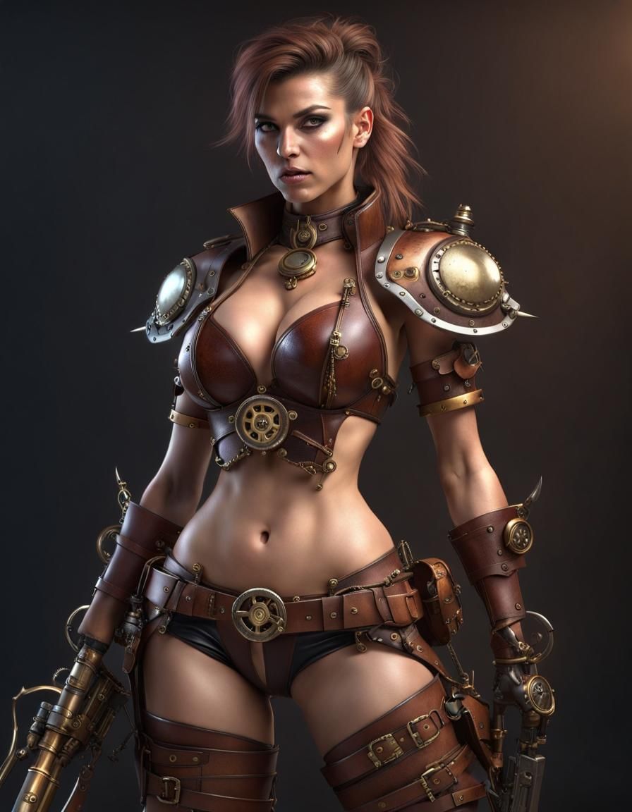 Steampunk Female Warrior with Leather Bikini and Weapons