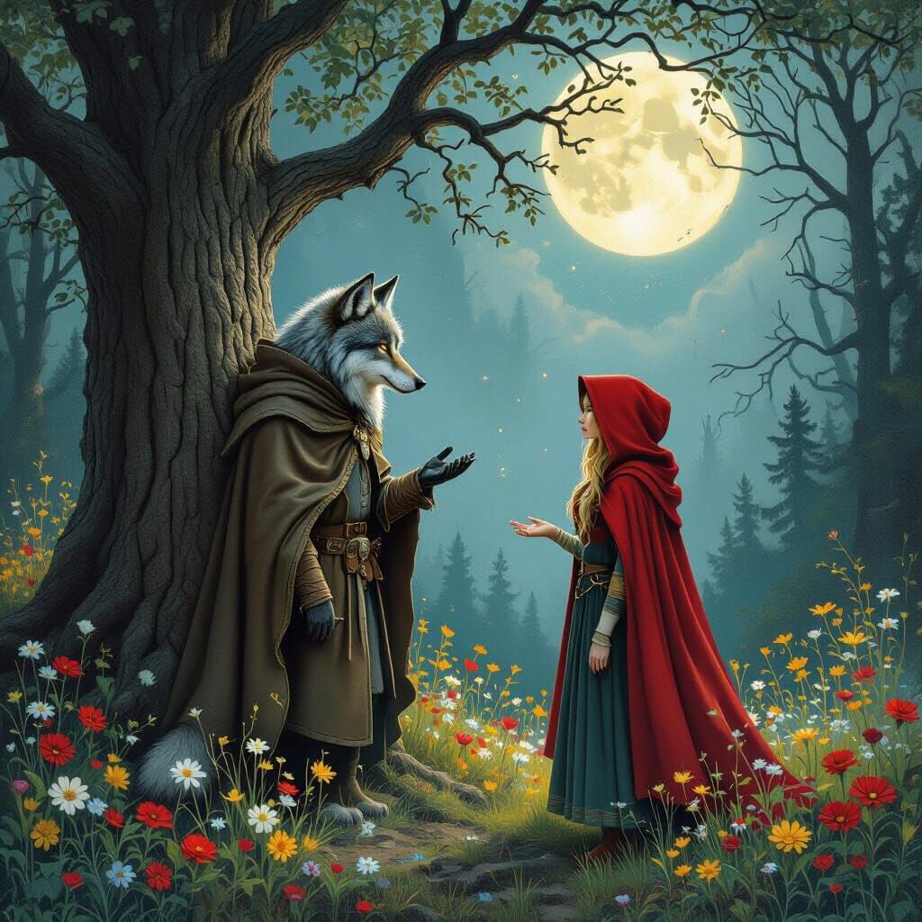 Red Riding Hood and Wise Wolf in Moonlit Forest