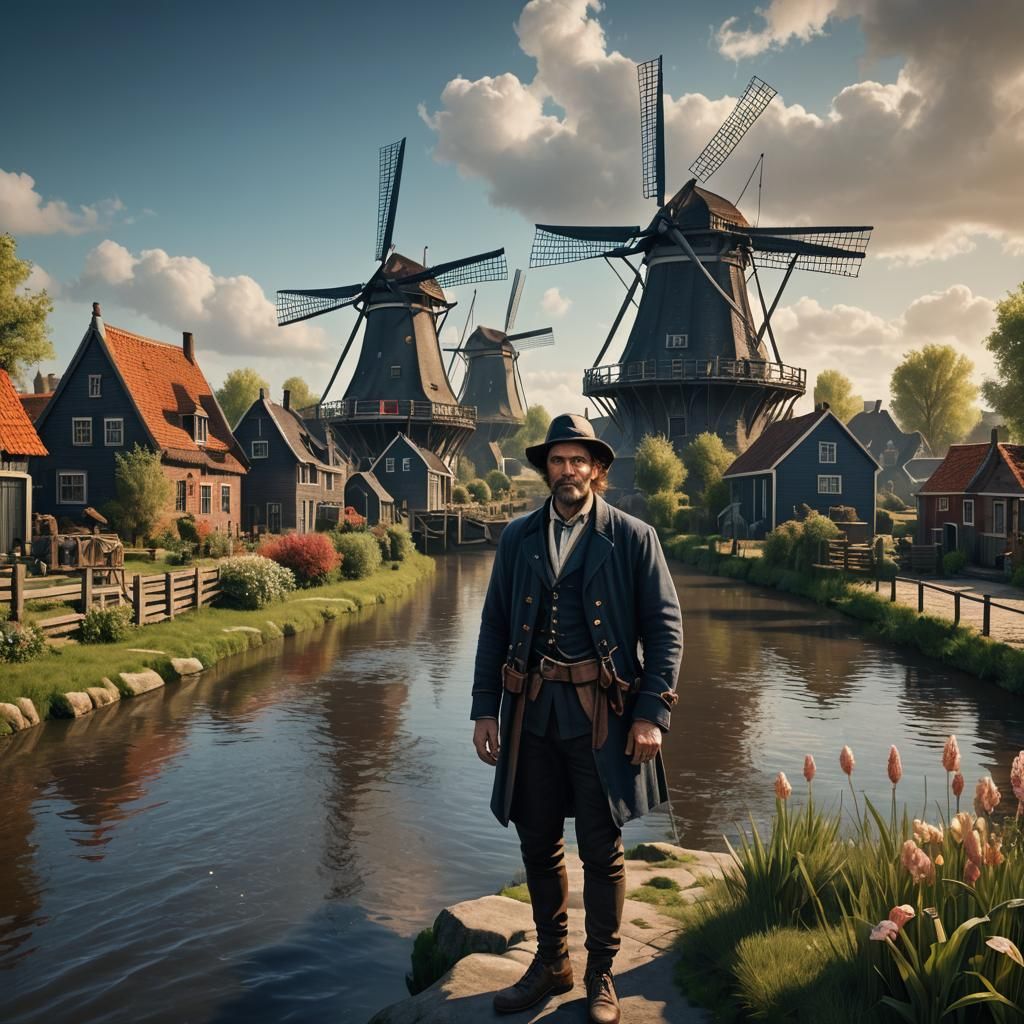 Netherlands Portrait: Windmills and Canals in Detailed Matte...