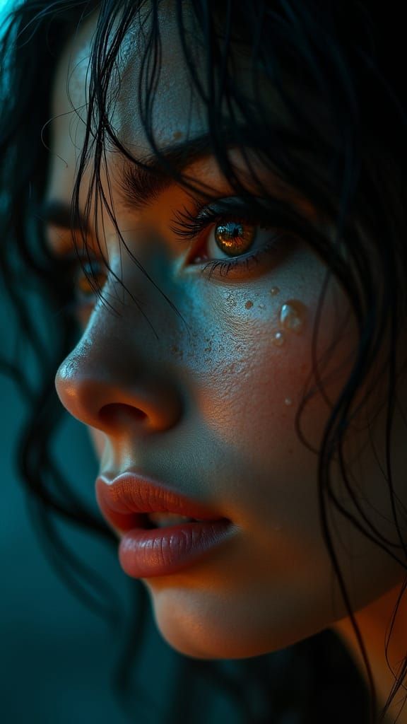 Dramatic Close-Up Portrait with Teal and Amber Lighting