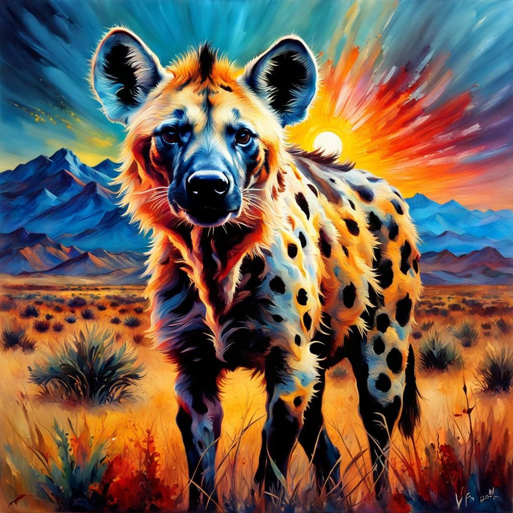 Encaustic Hyena in Desert Sunrise, Fine Art