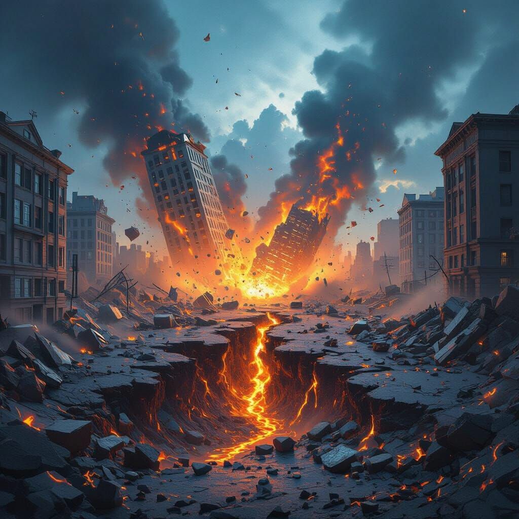 Dramatic City Earthquake with Lava Flows in Matte Painting S...