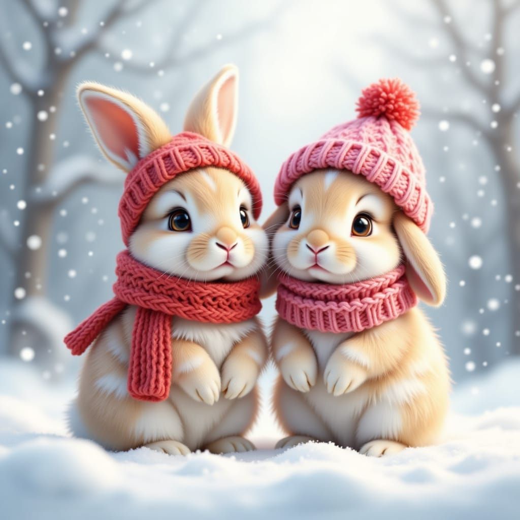 cute little rabbit wearing a red knit hat and scarf, standin...