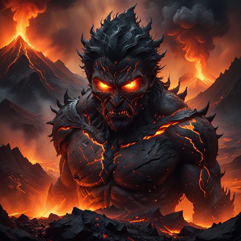 Sinister Presence in Volcanic Wasteland: Oil Painting