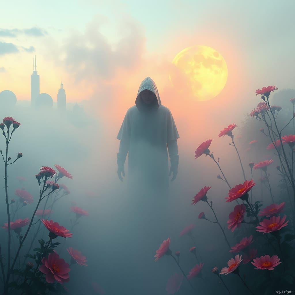 Mysterious Figure Amidst Blooming Flowers