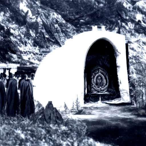 Dimensional Portal Ceremony in Mountains, Black and White