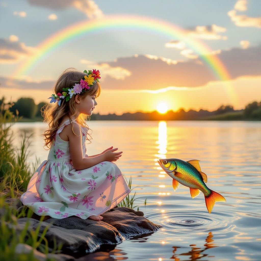 Girl Talks to Fish at Sunset: Impressionistic Style