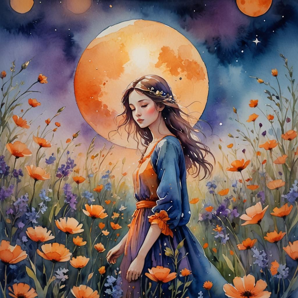 Fantasy Model Framed by Radiant Moon, Watercolor Style