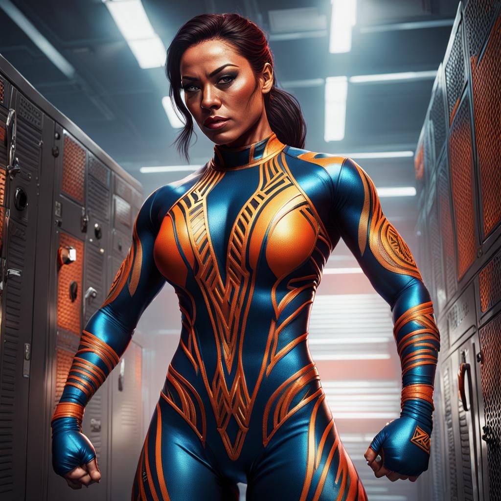 Athletic Brunette Wrestler in Locker Room, Comic Book Style