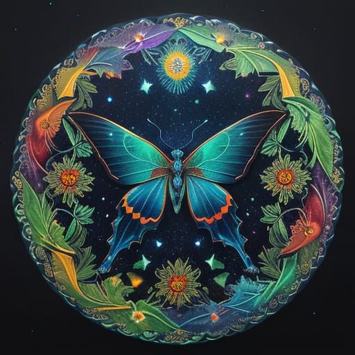 Luminous Mandala Moth in Folk Art Style