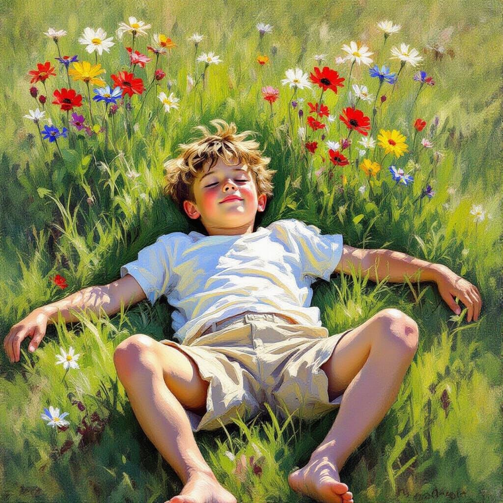 Boy Relaxing in Grassy Wildflower Meadow