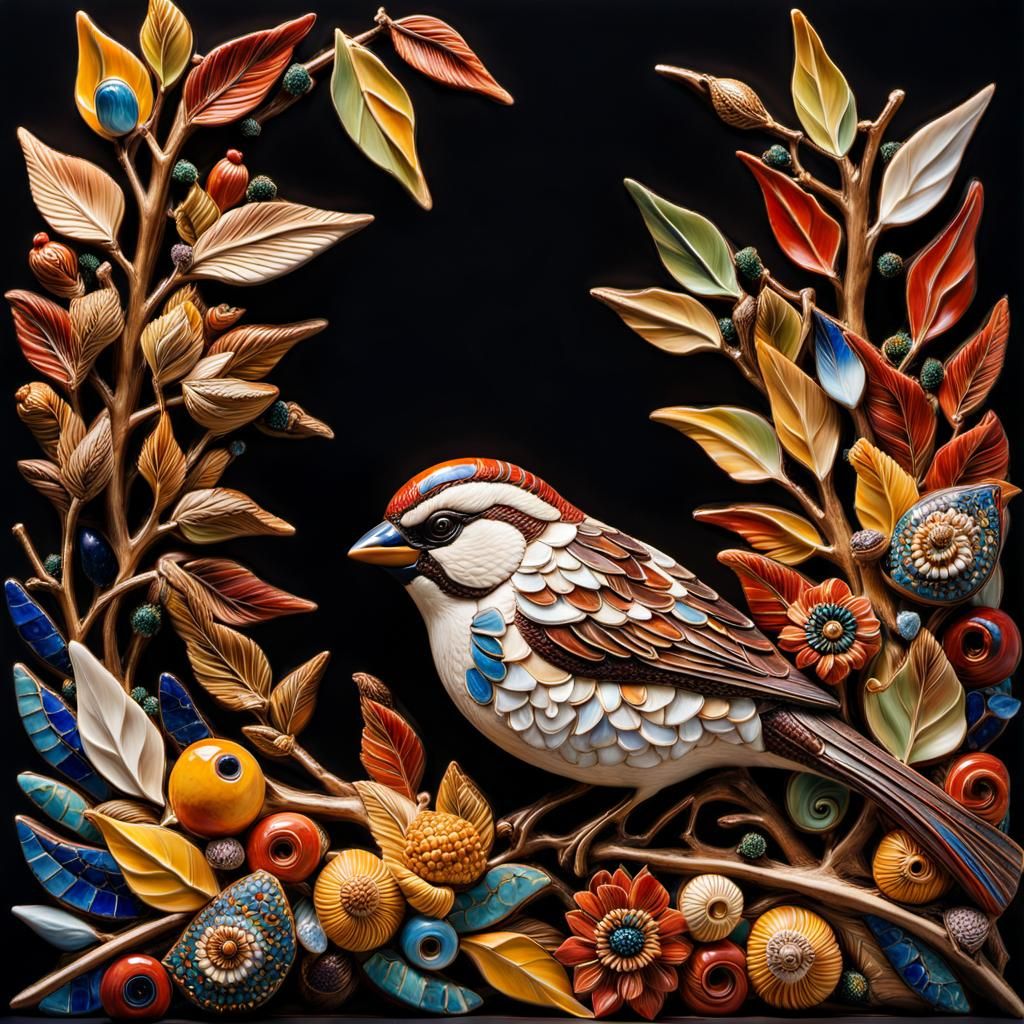 Colorful Ceramic Sparrow Sculpture in Mosaic Style