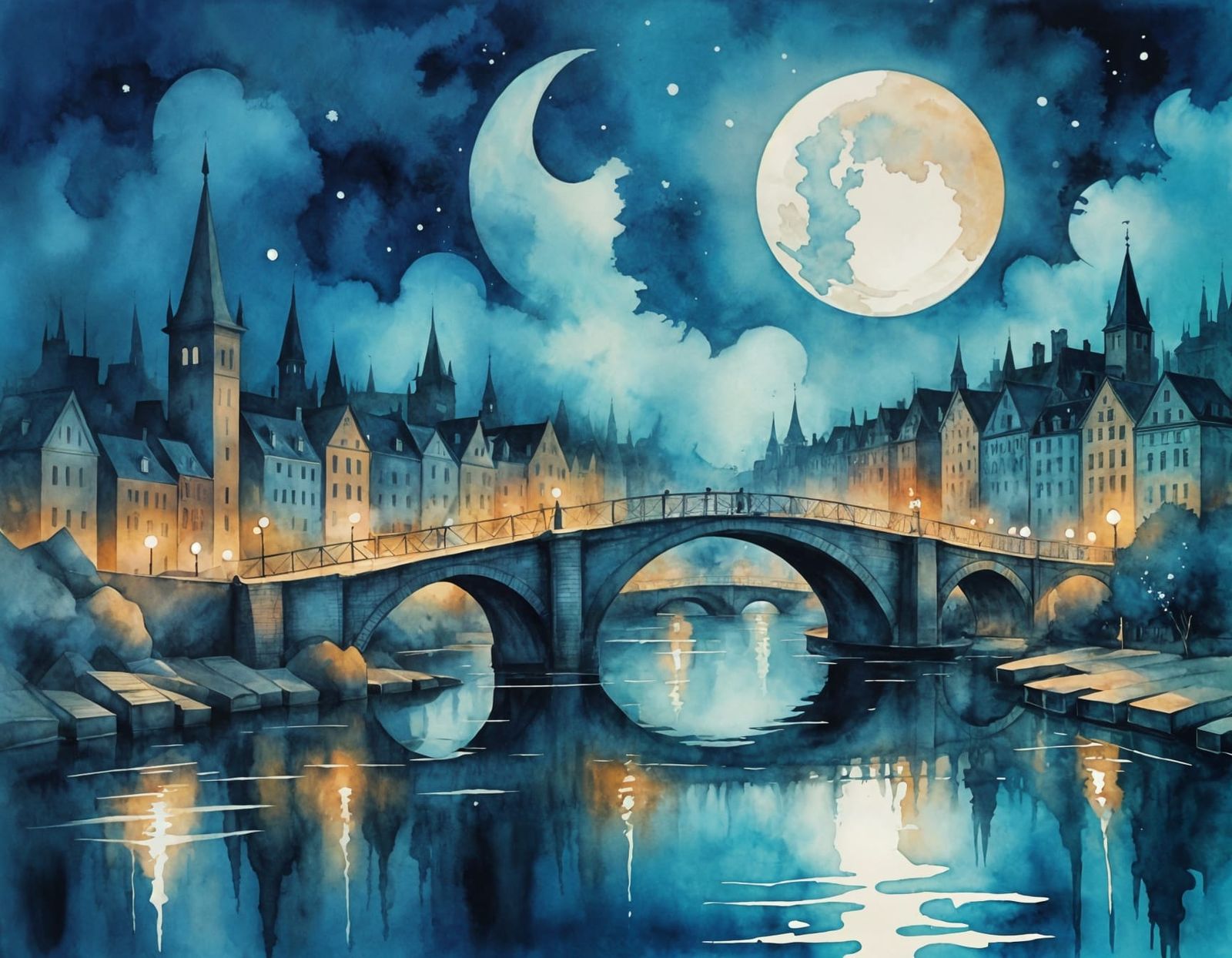 Abstract Cityscape with Crescent Moon as Impasto Painting