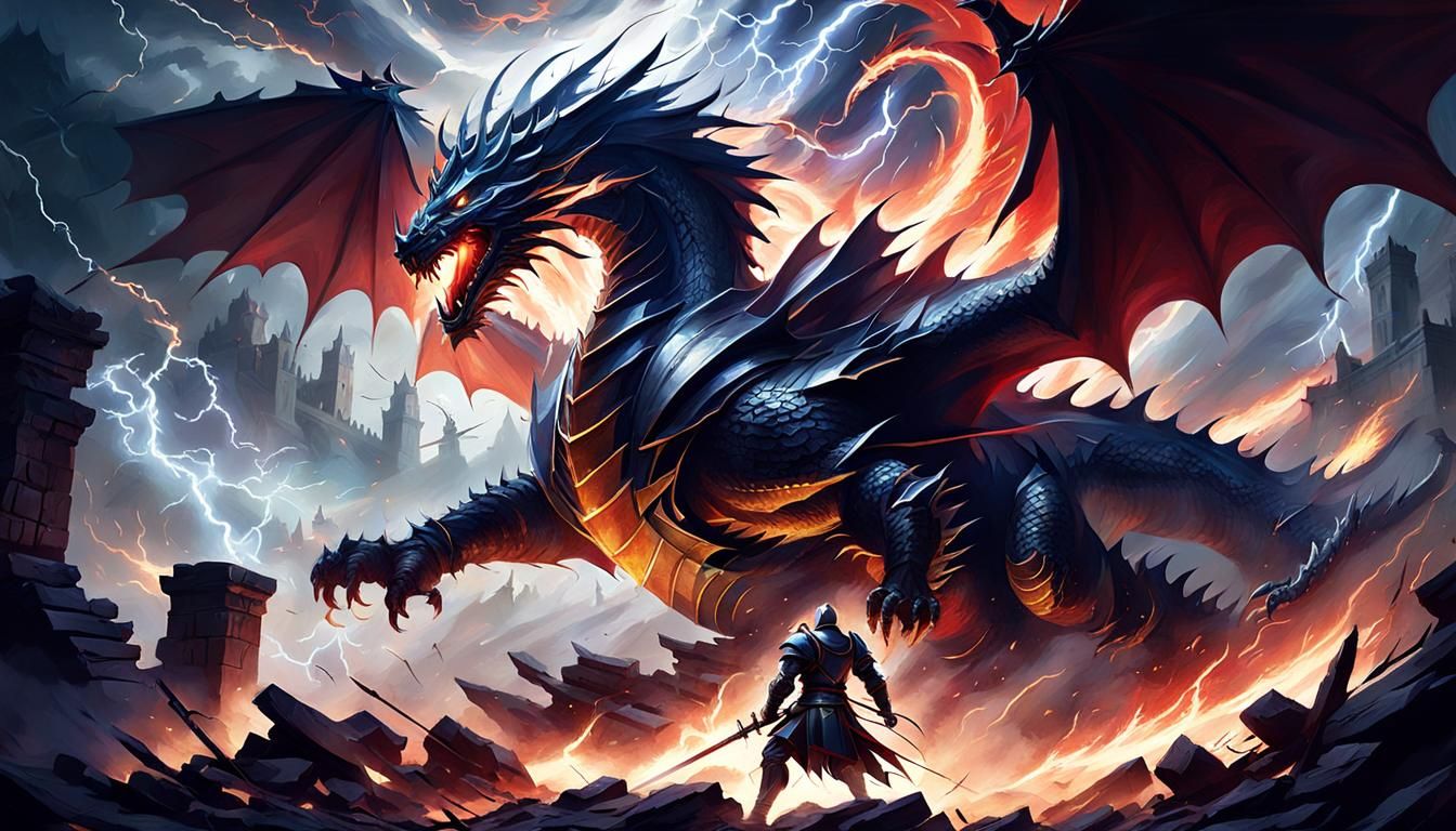 Knight and Dragon Duel in Fiery Ruins Painting